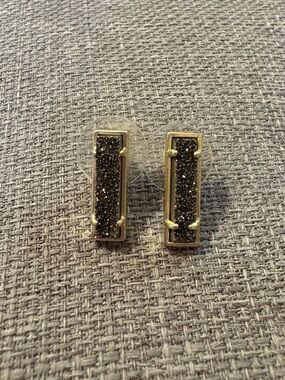Gold Bar Stud Earrings with Black Druzy Sparkle